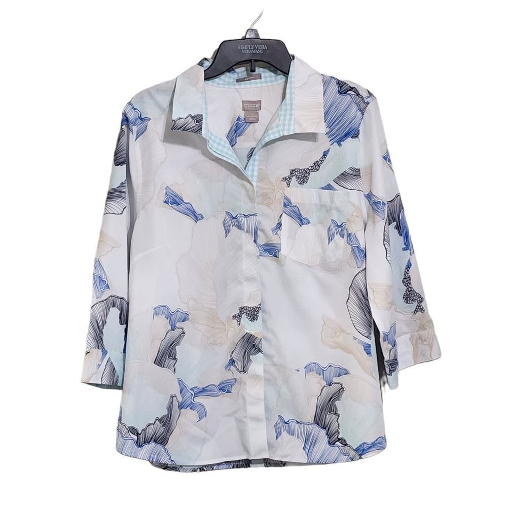 Chico's Top 16 no iron white & blue button up